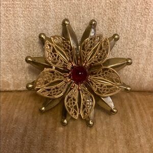 Vintage Gold and Red Floral Brooch